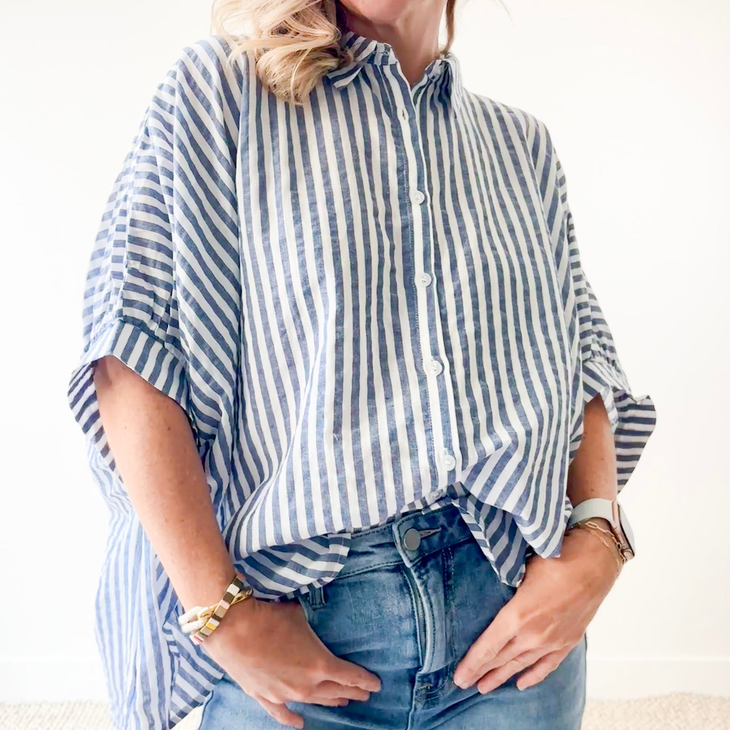 Navy and white stripe oversized button front top