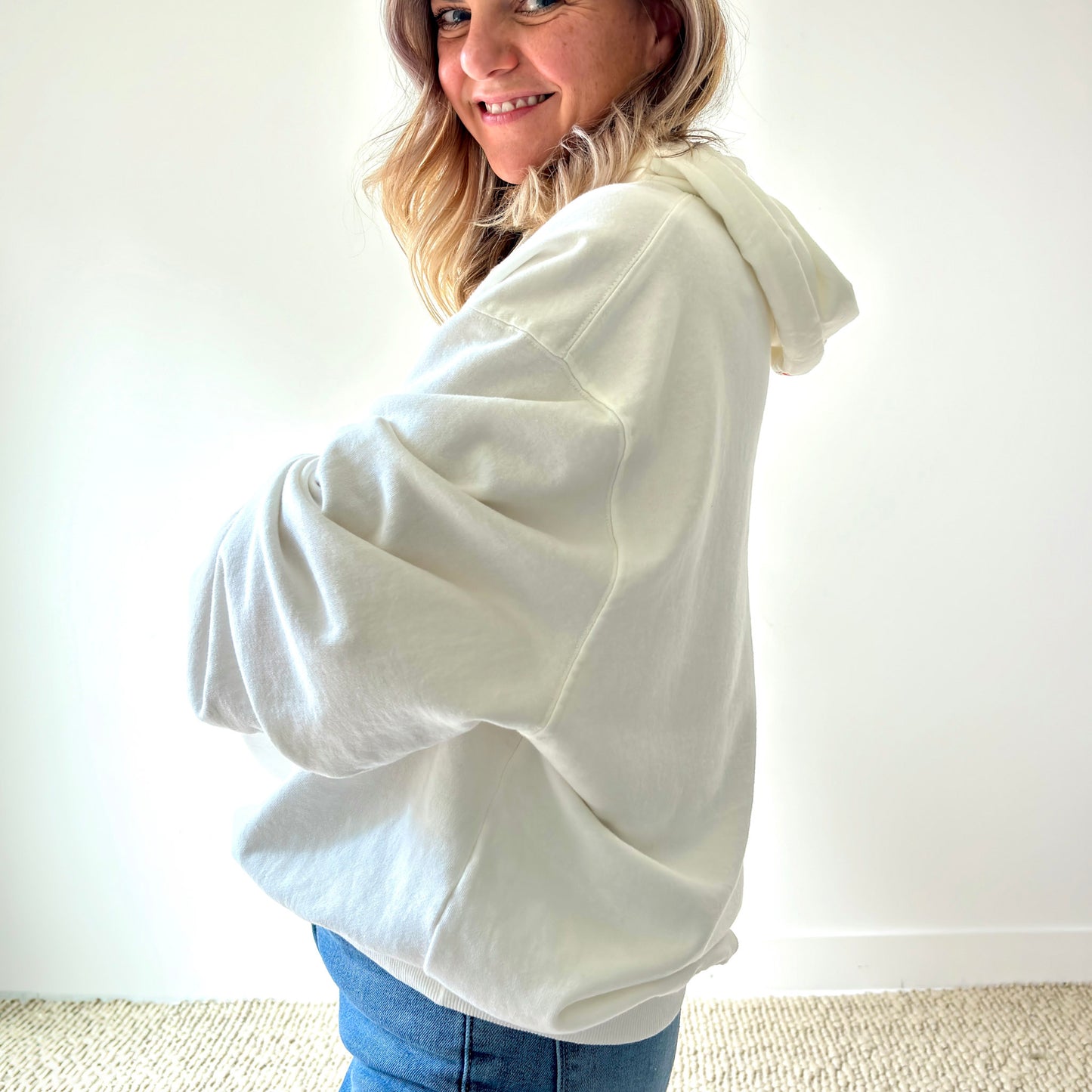 Women's ivory pullover hooded oversized light weight fleece sweatshirt with script après and heart embroidery