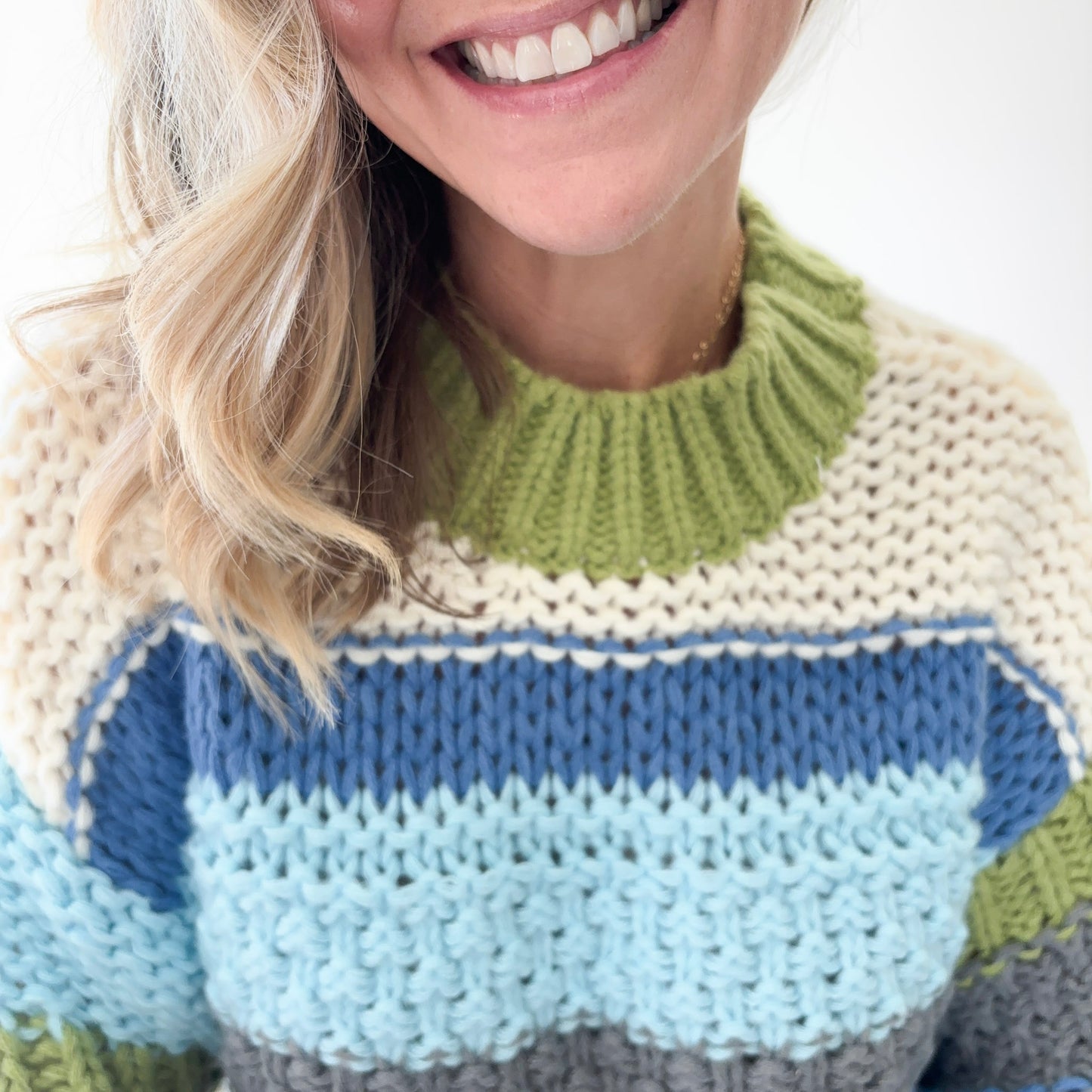 Chunky Textured Stripe Balloon Sleeve Crewneck Sweater