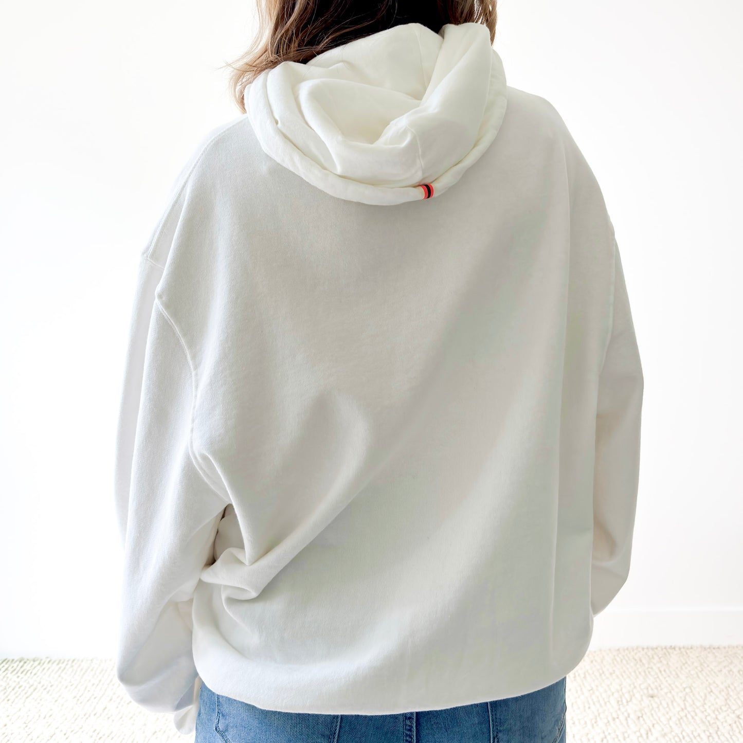 Women's ivory pullover hooded oversized light weight fleece sweatshirt with script après and heart embroidery