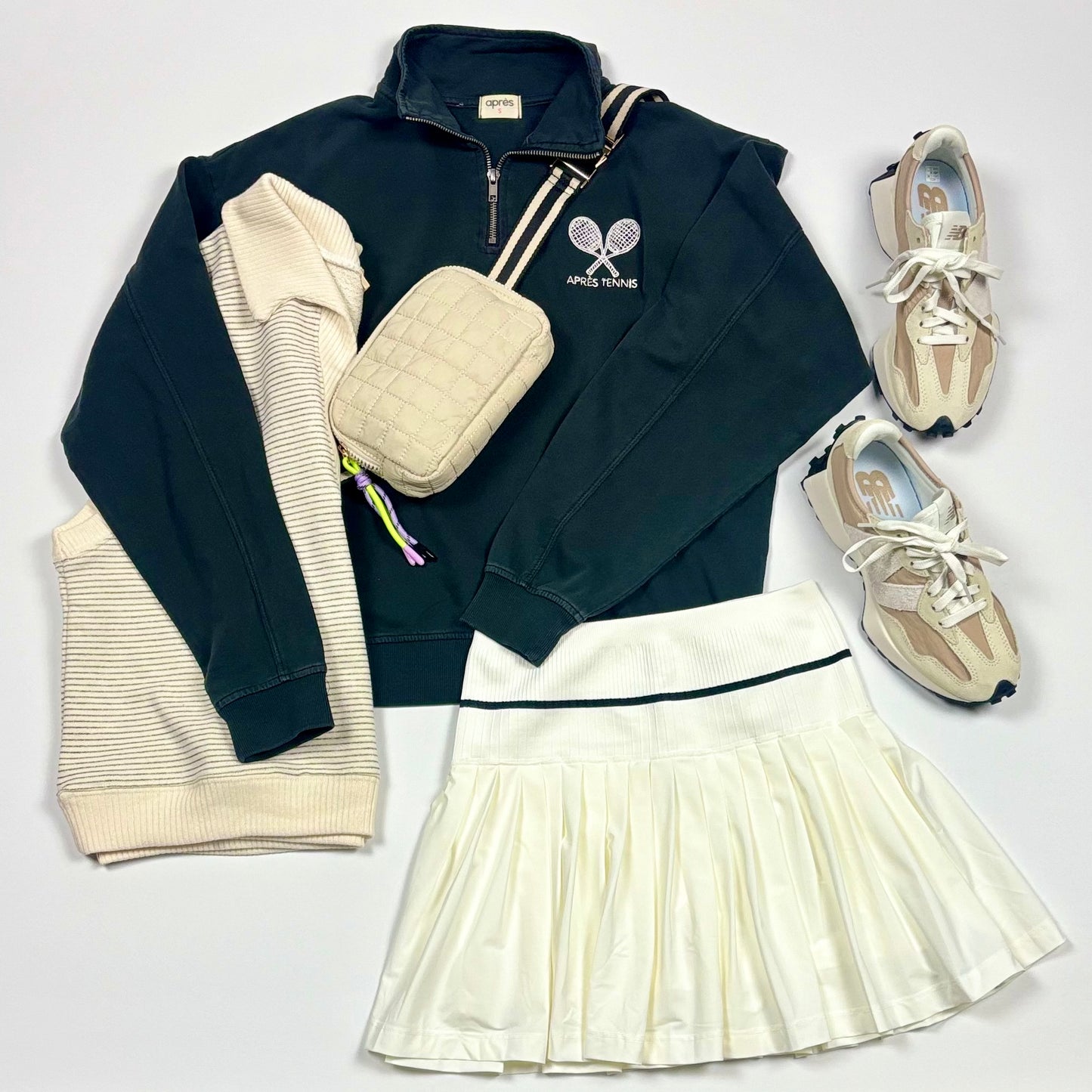 Women's black with ivory Apres Tennis embroidery quarter zip light weight pullover