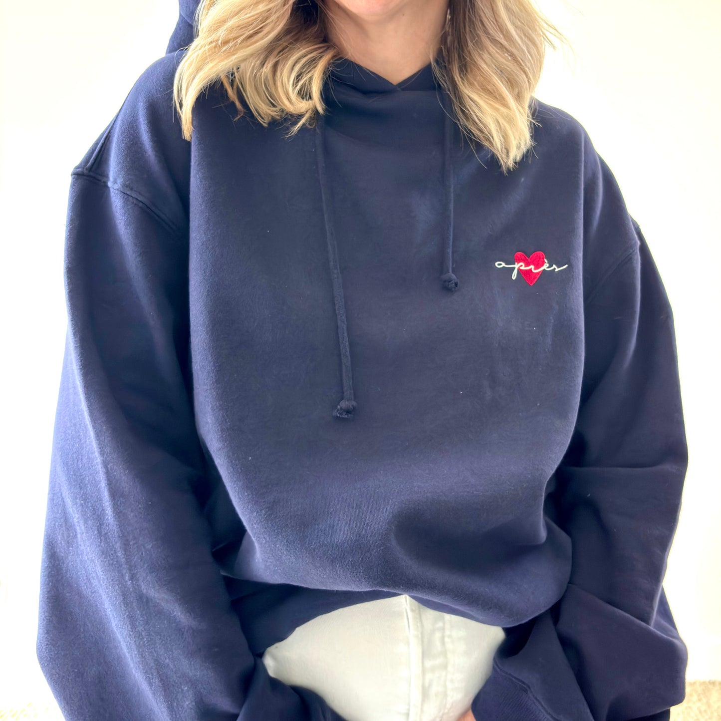 Women's navy pullover hooded oversized light weight fleece sweatshirt with script après and heart embroidery