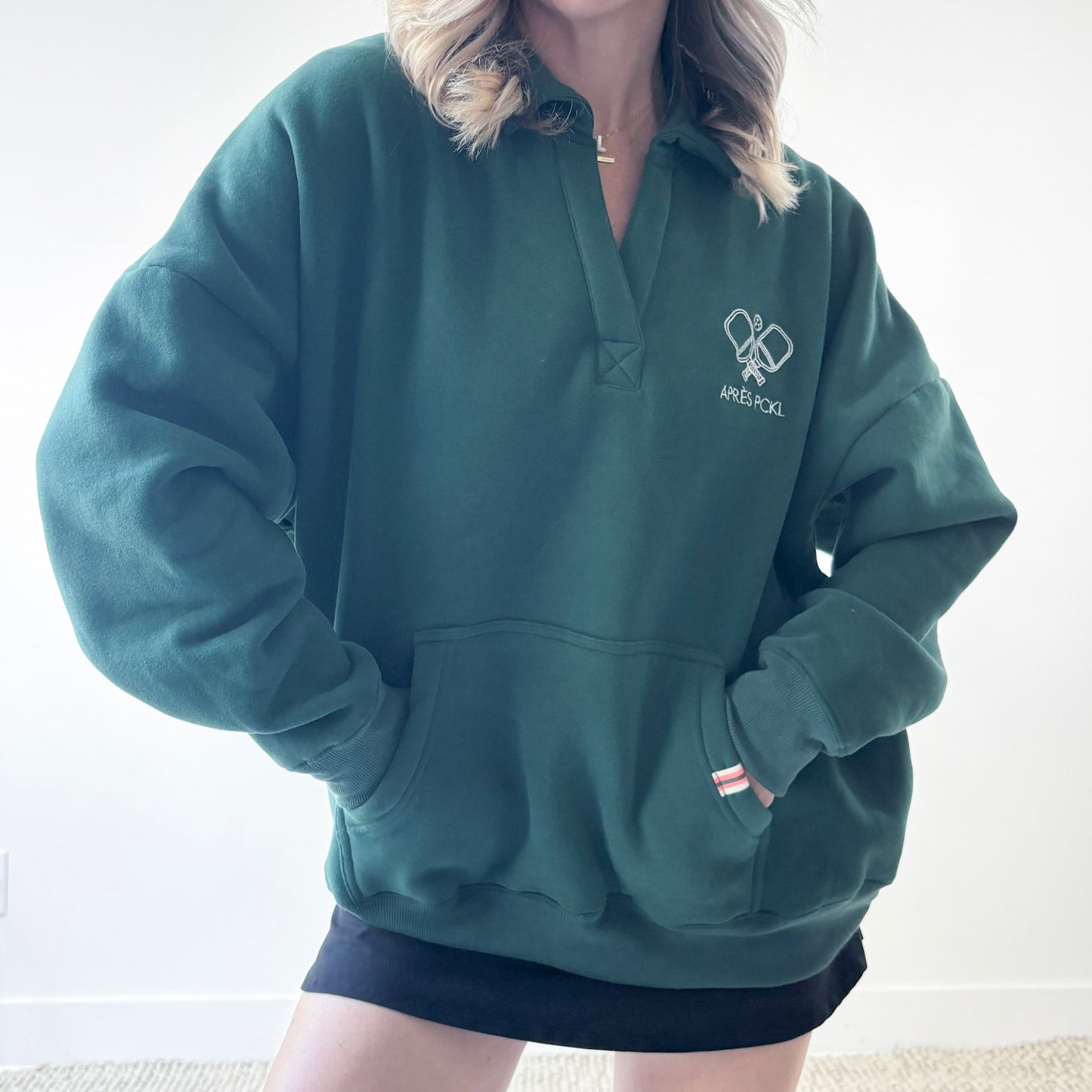 Heather oatmeal oversized collared sweatshirt with après pckl pickleball paddle embroidery