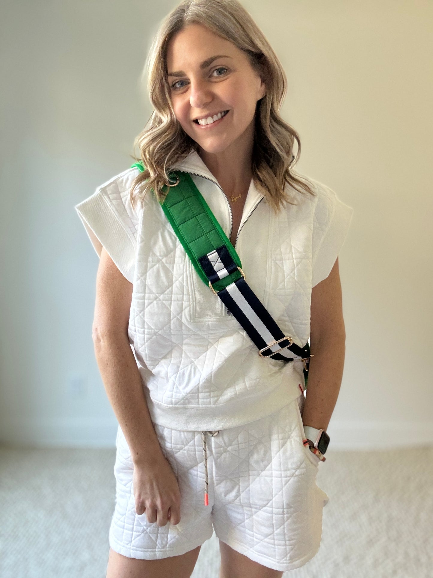 Women's preppy white textured quarter zip top with ribbed trim