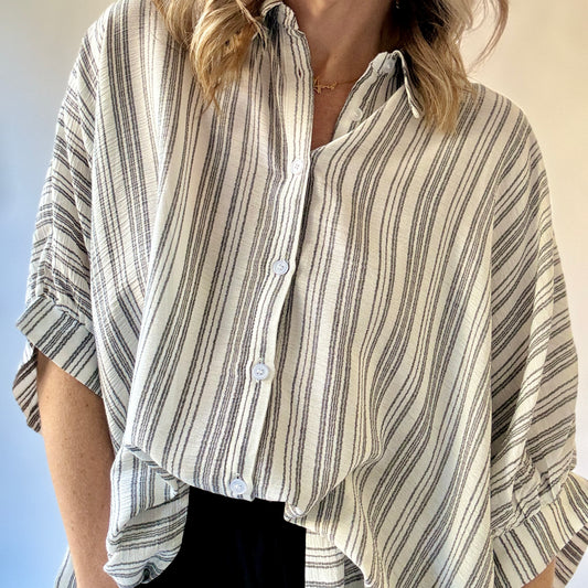 Striped Oversized Short Sleeve Button Down Top