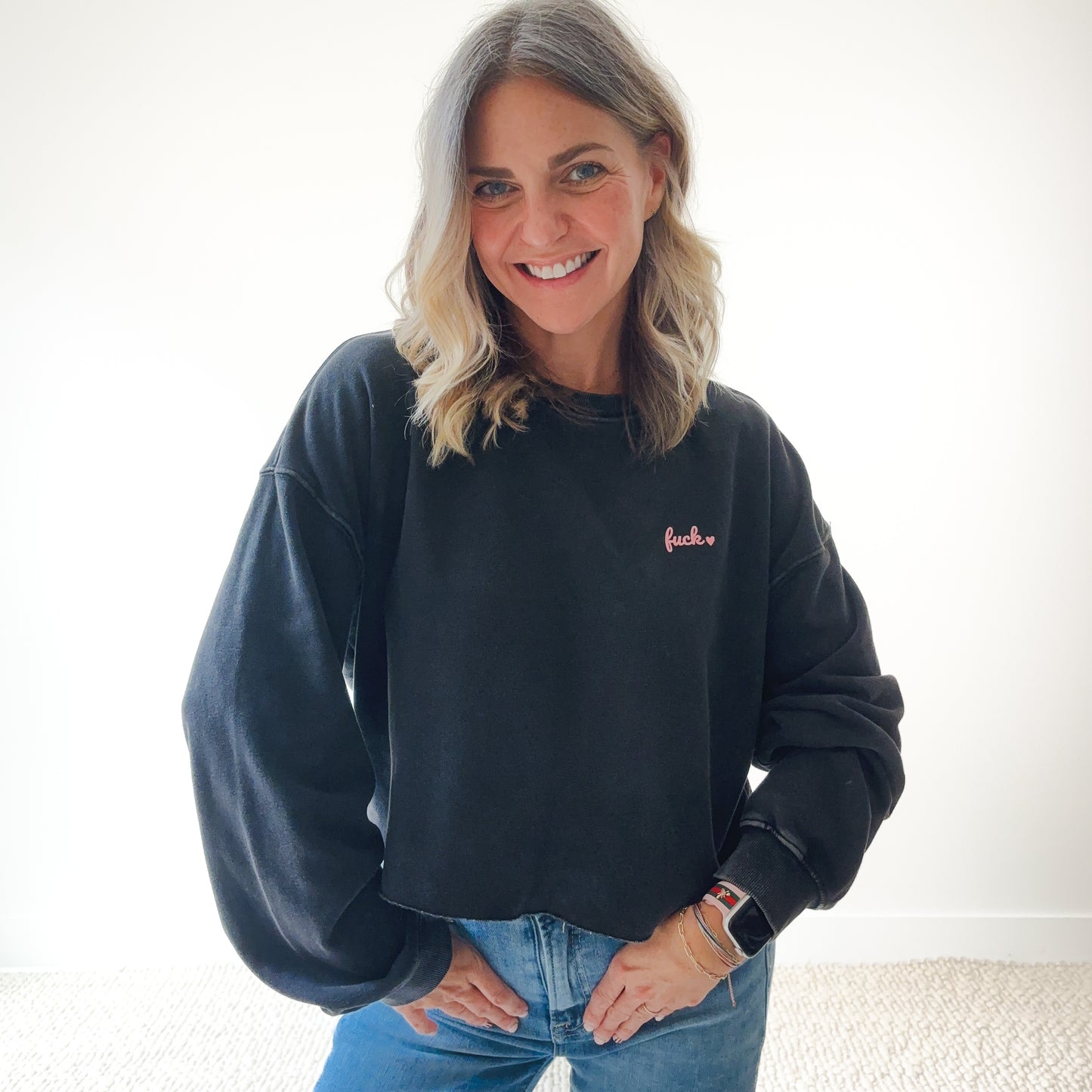 Washed Black Fuck Heart Long Sleeve Raw Edge Sweatshirt