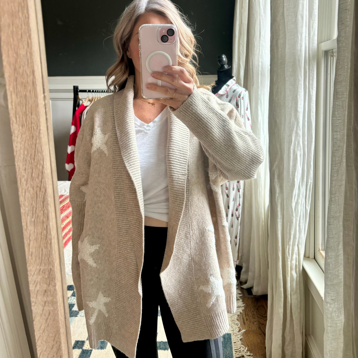 Oatmeal open cardigan sweater with ivory chenille stars