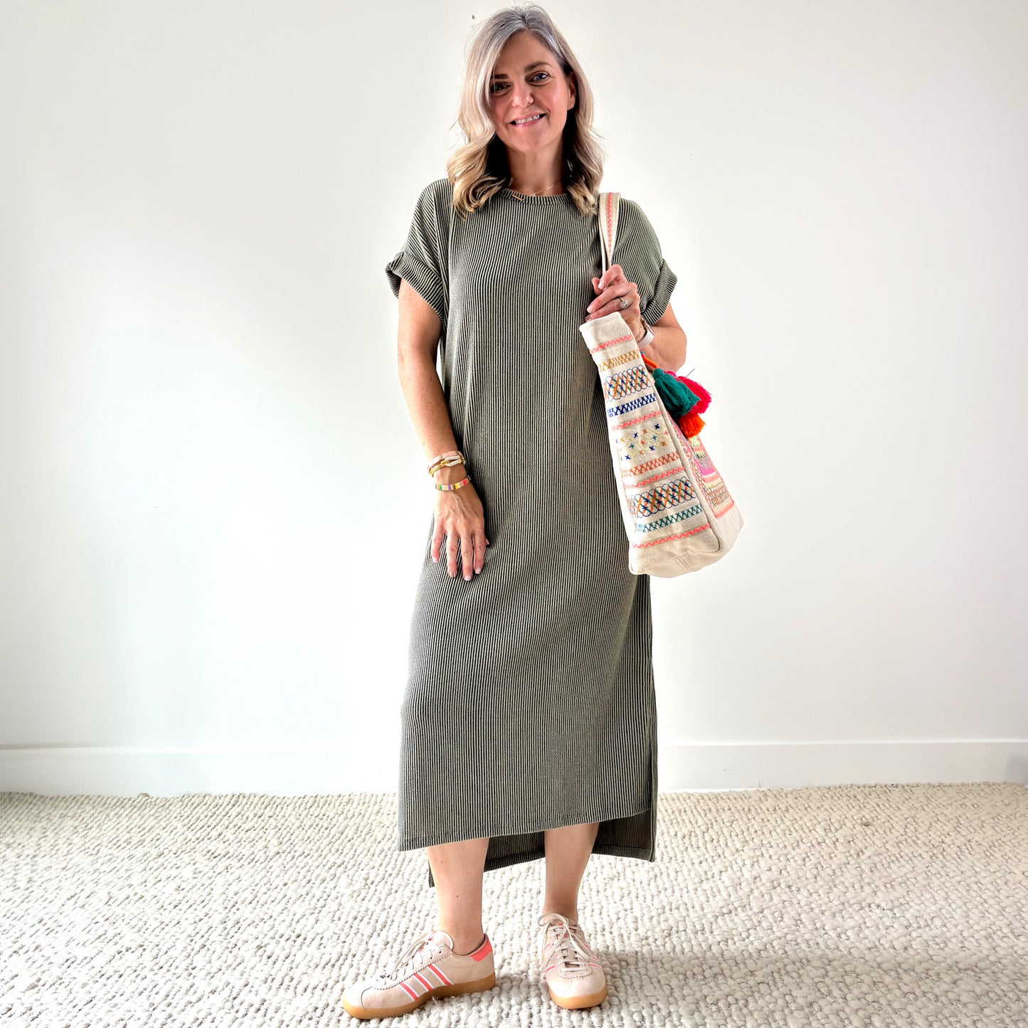 Women's Olive Textured Rib Short Sleeve High Low Midi Dress