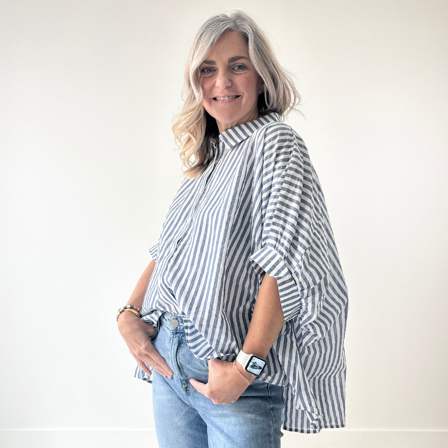 Navy and white stripe oversized button front top