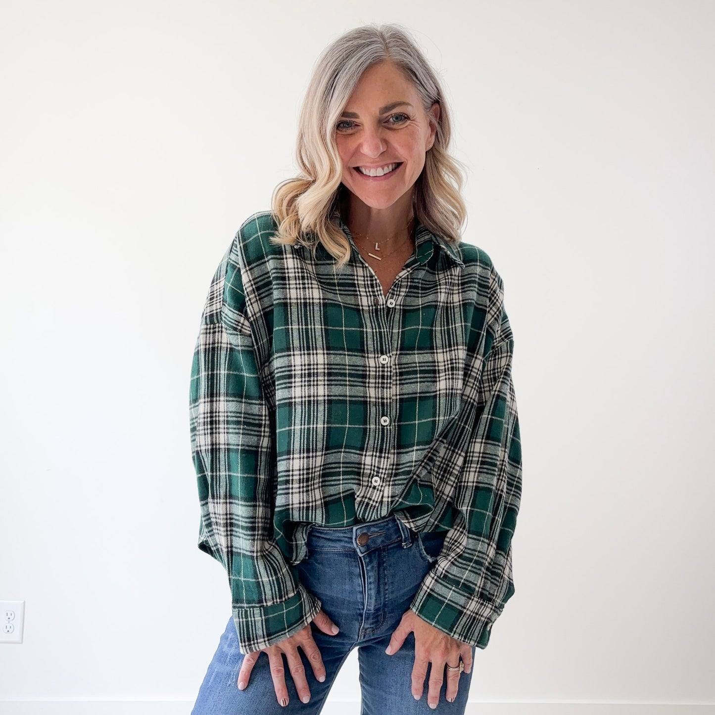 Women's super soft green and ivory plaid flannel high low button front top