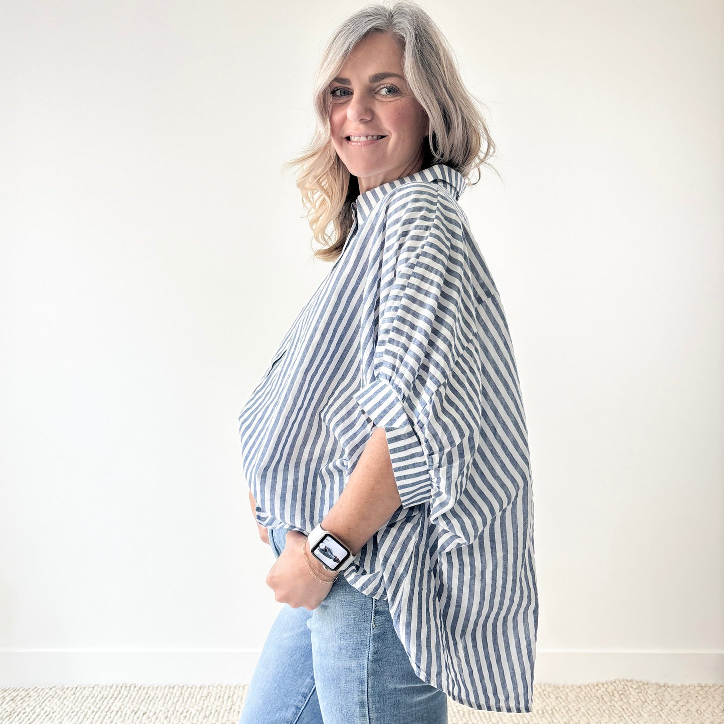 Navy and white stripe oversized button front top