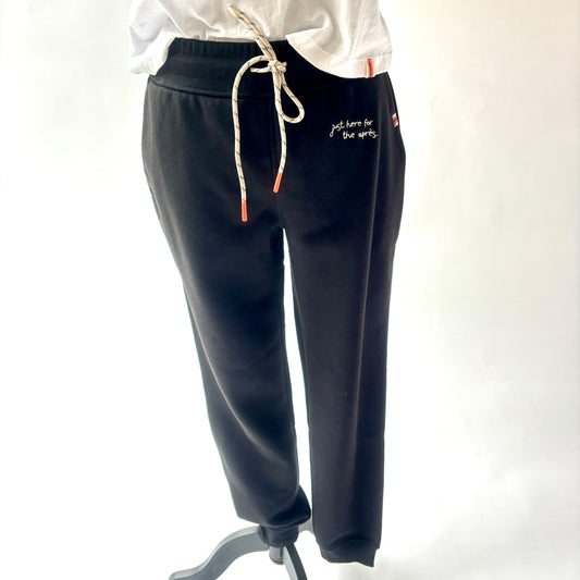 Black with ivory embroidered just here for the apres women's cozy fleece slimfit jogger sweatpant