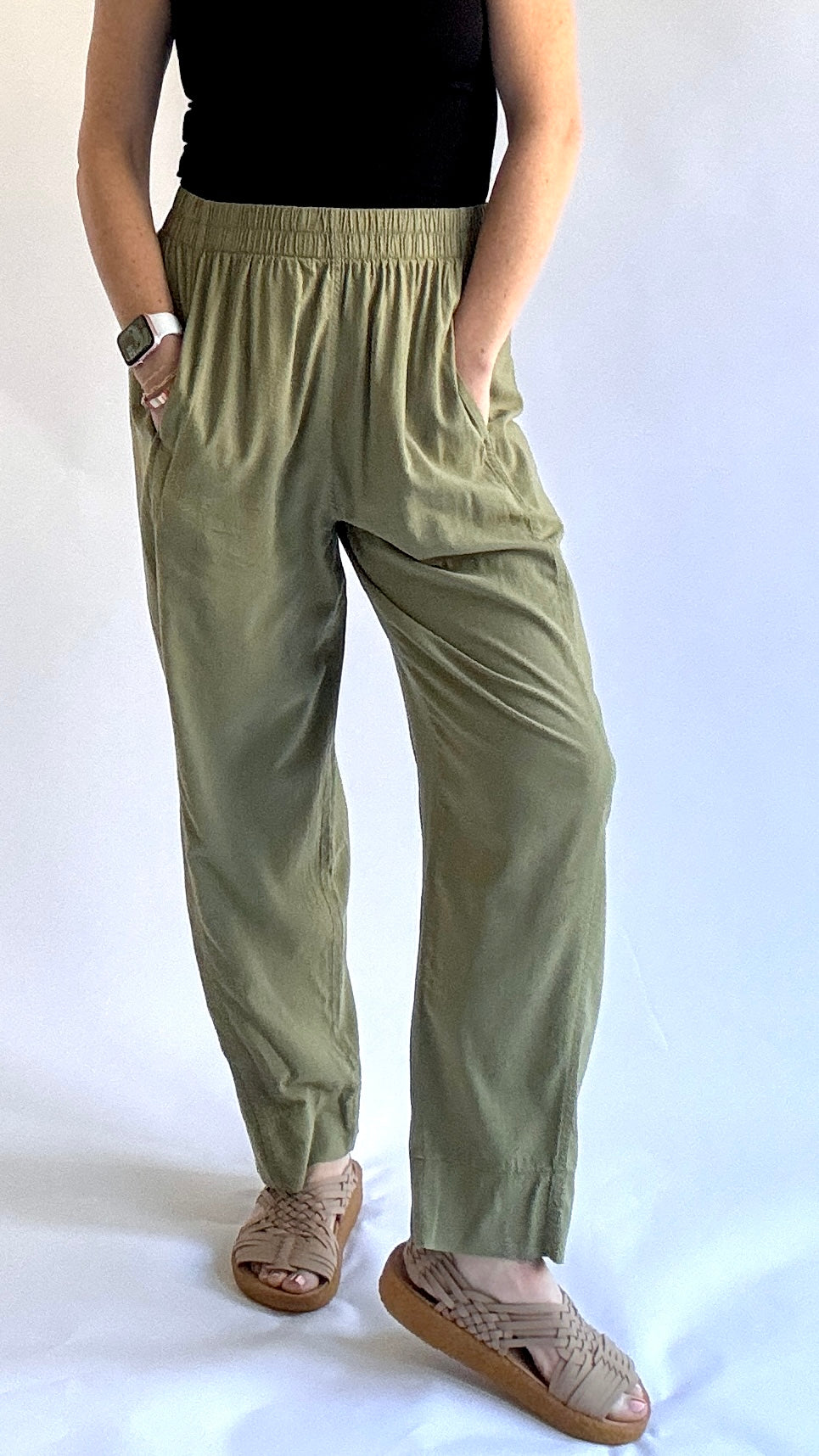 Women's olive ultra light weight travel perfect pull on elastic waist straight leg high waist pant