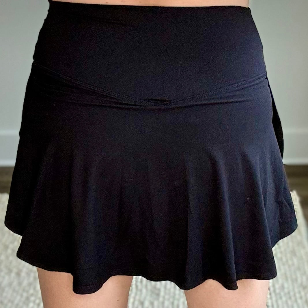 Black butter soft v front knit high rise tennis and pickleball skirt with short liner