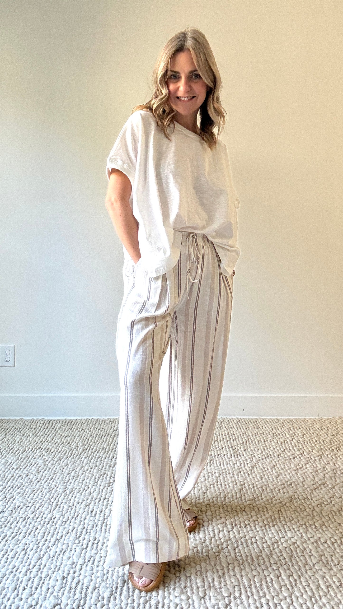 Women's white and tan striped smocked waist pull on pant with drawcord and pockets