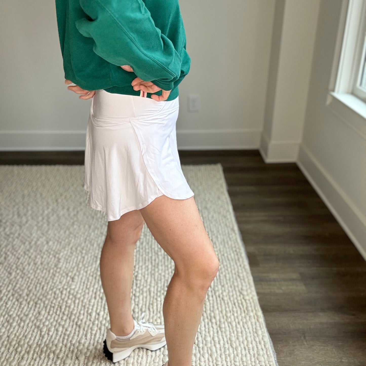 White butter soft v front knit high rise tennis and pickleball skirt with short liner