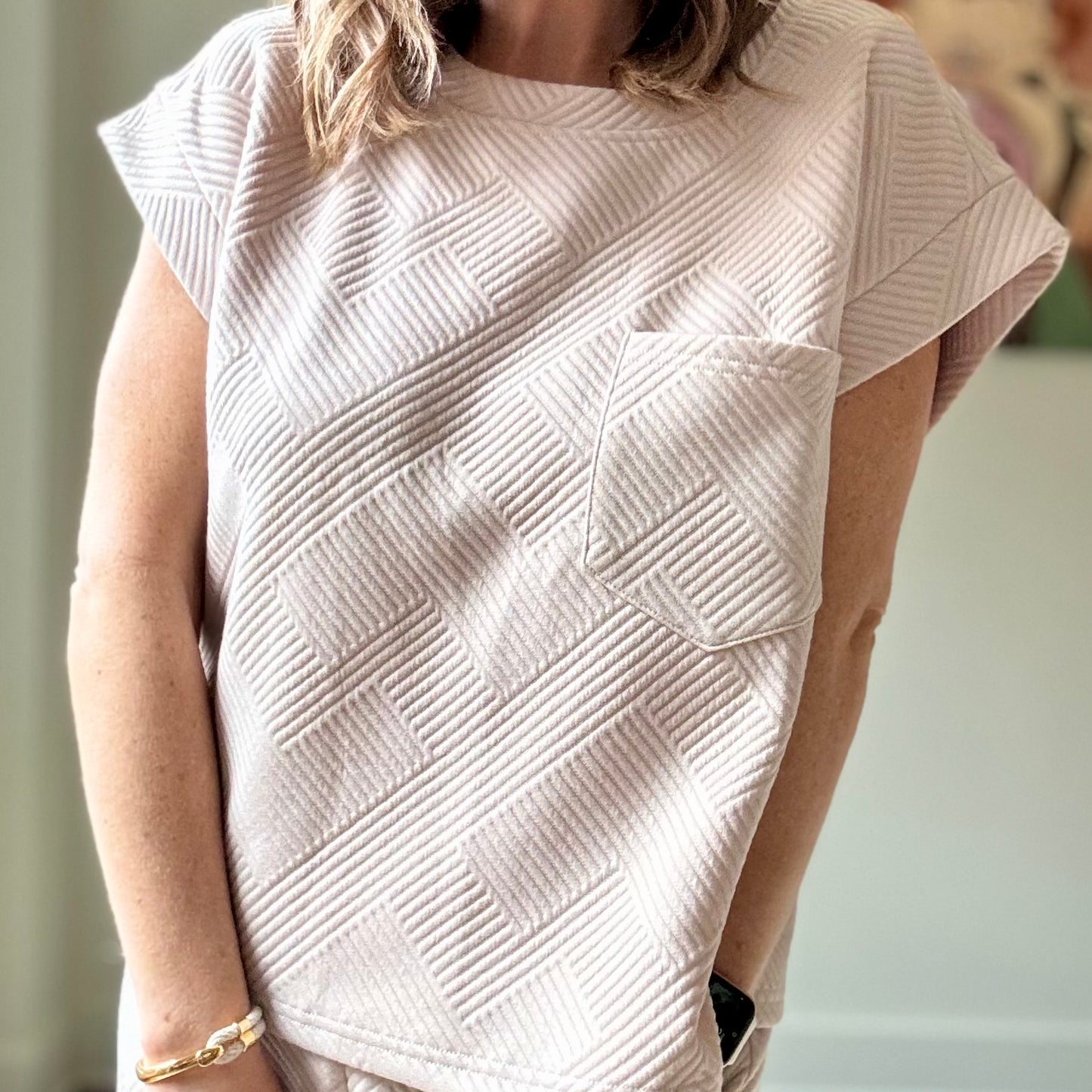 Tan textured fabric loose fit pocket tee