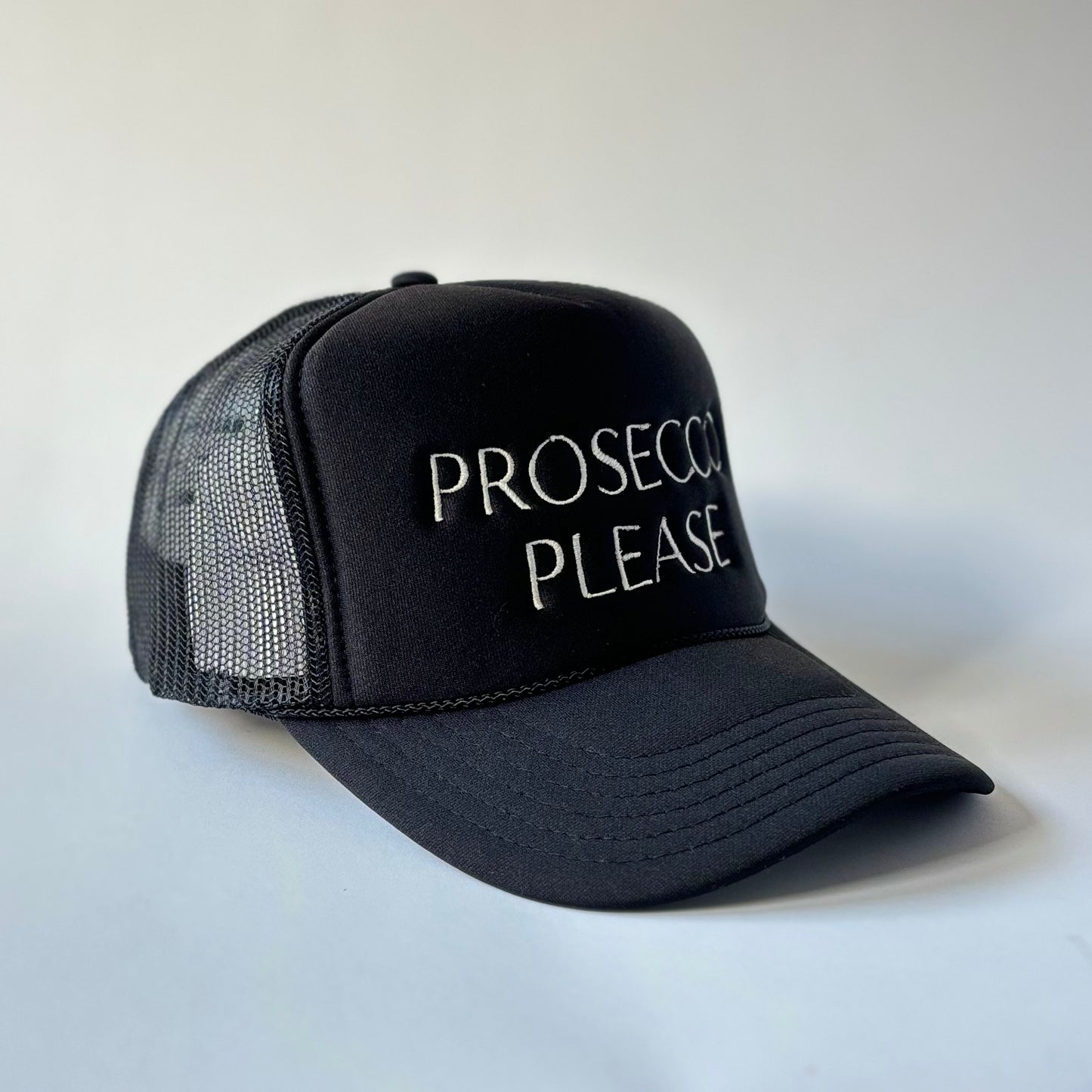 Black Prosecco Please Embroidered Mid Profile Trucker Hat great gift for girls trip or bachelorette party