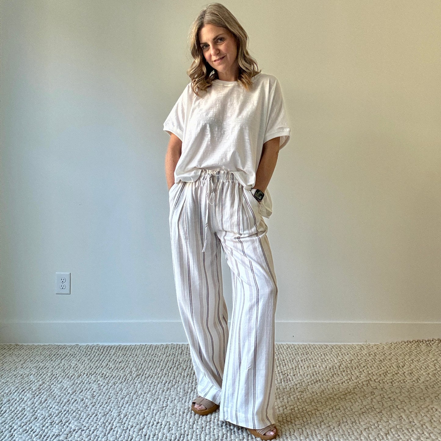 Women's white and tan striped smocked waist pull on pant with drawcord and pockets