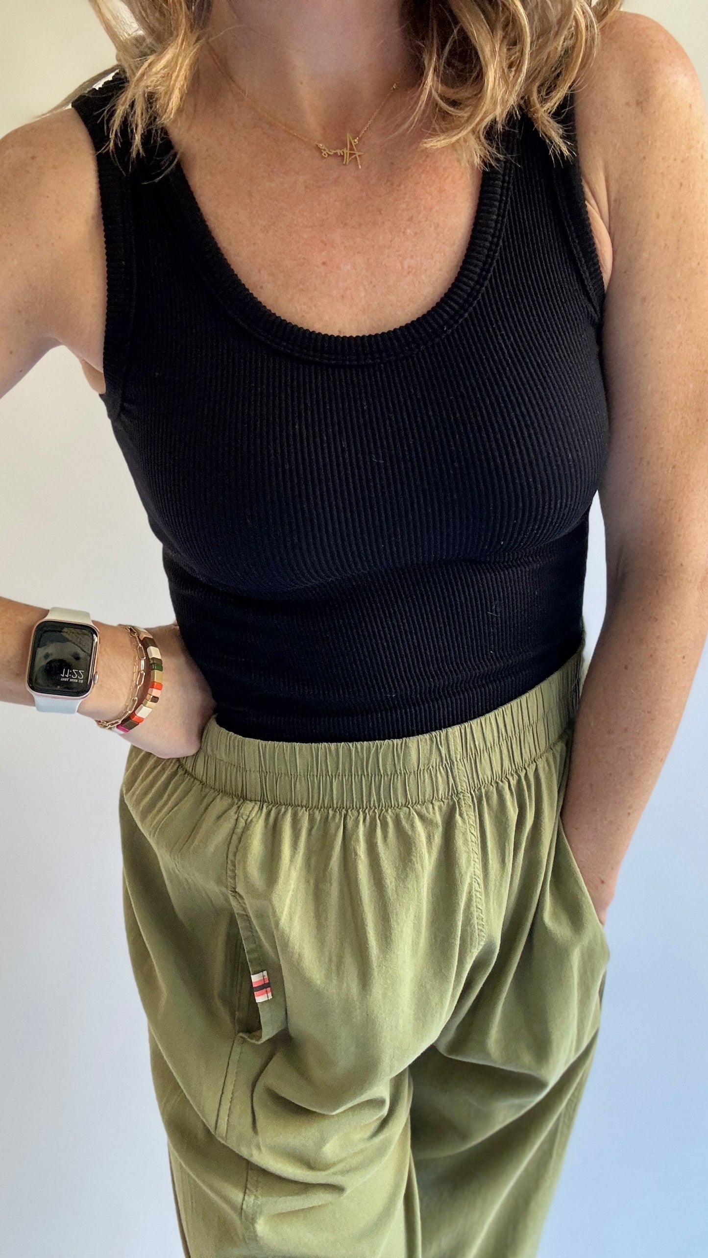 Women's olive ultra light weight travel perfect pull on elastic waist straight leg high waist pant