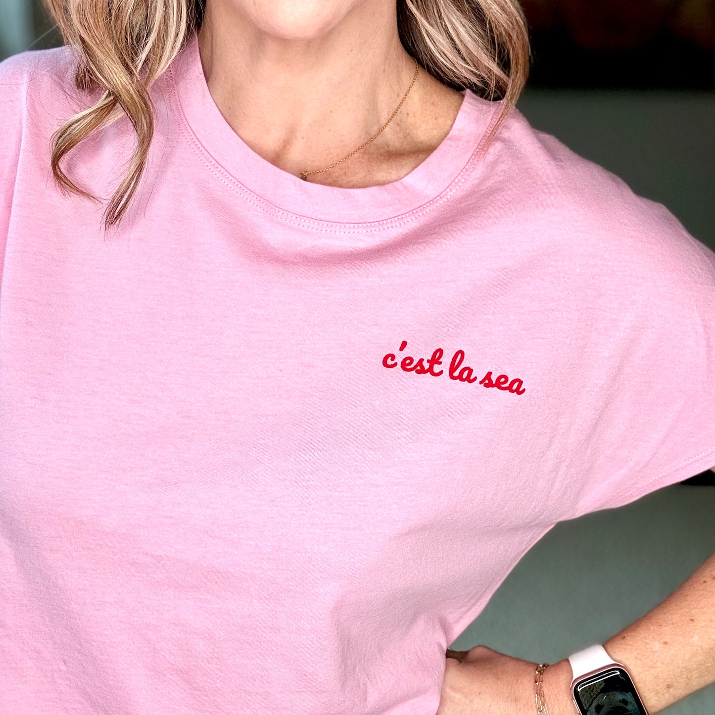 Pink short sleeve ultra soft tee with red c'est la sea left chest graphic