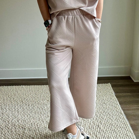 Tan textured fabric pull on wide leg cropped pant with pockets
