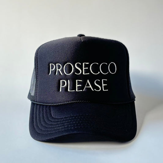 Black Prosecco Please Embroidered Mid Profile Trucker Hat great gift for girls trip or bachelorette party