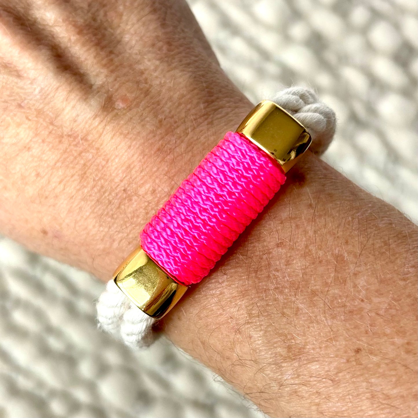 Nautical ivory rope bracelet with neon pink cord and gold hardware