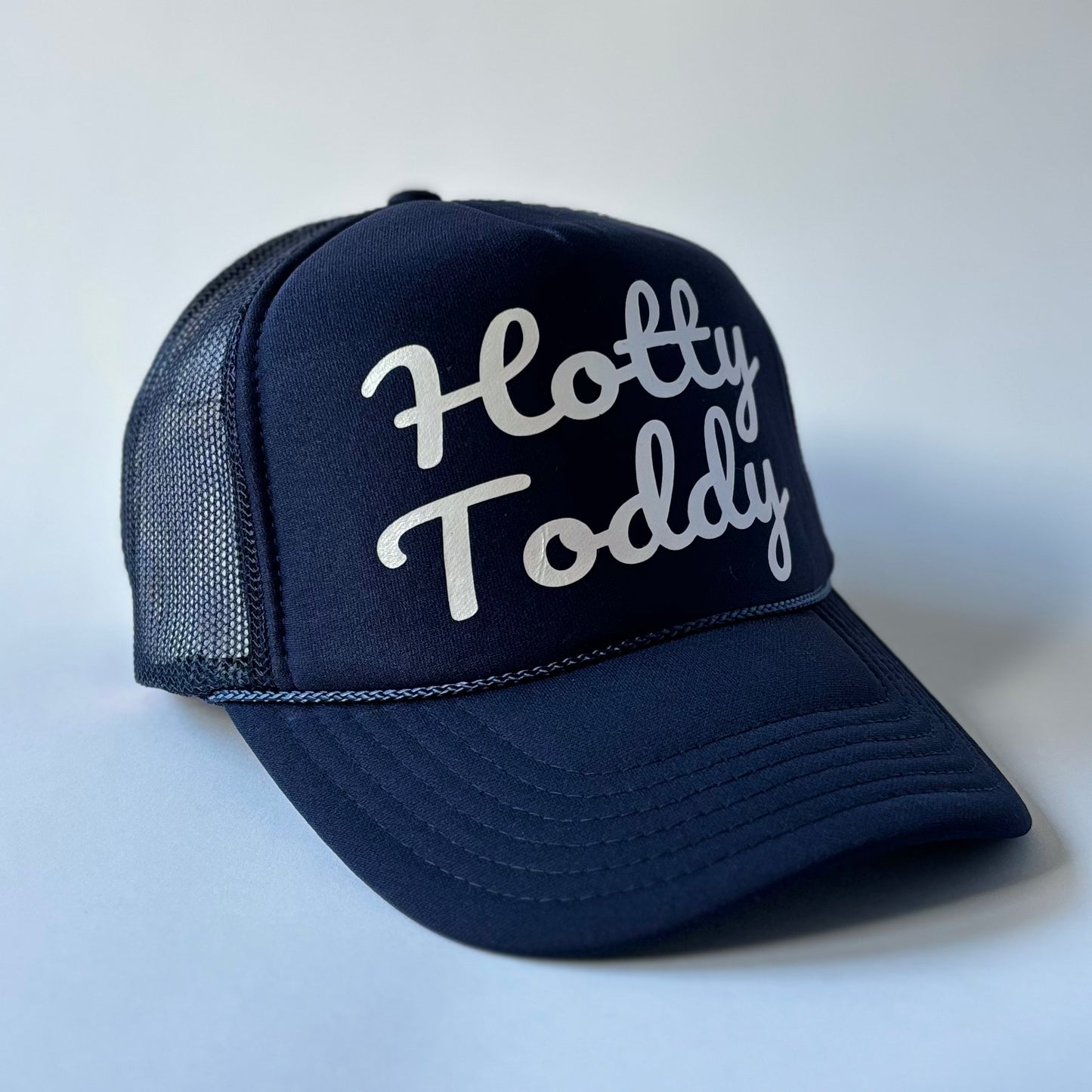 Navy Blue Mid Profile Trucker Hat with Hotty Toddy Ivory Pearl Script Print for Game Day