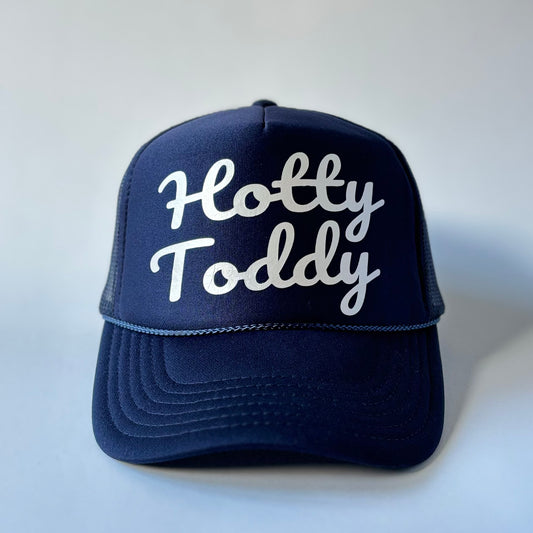 Navy Blue Mid Profile Trucker Hat with Hotty Toddy Ivory Pearl Script Print for Game Day