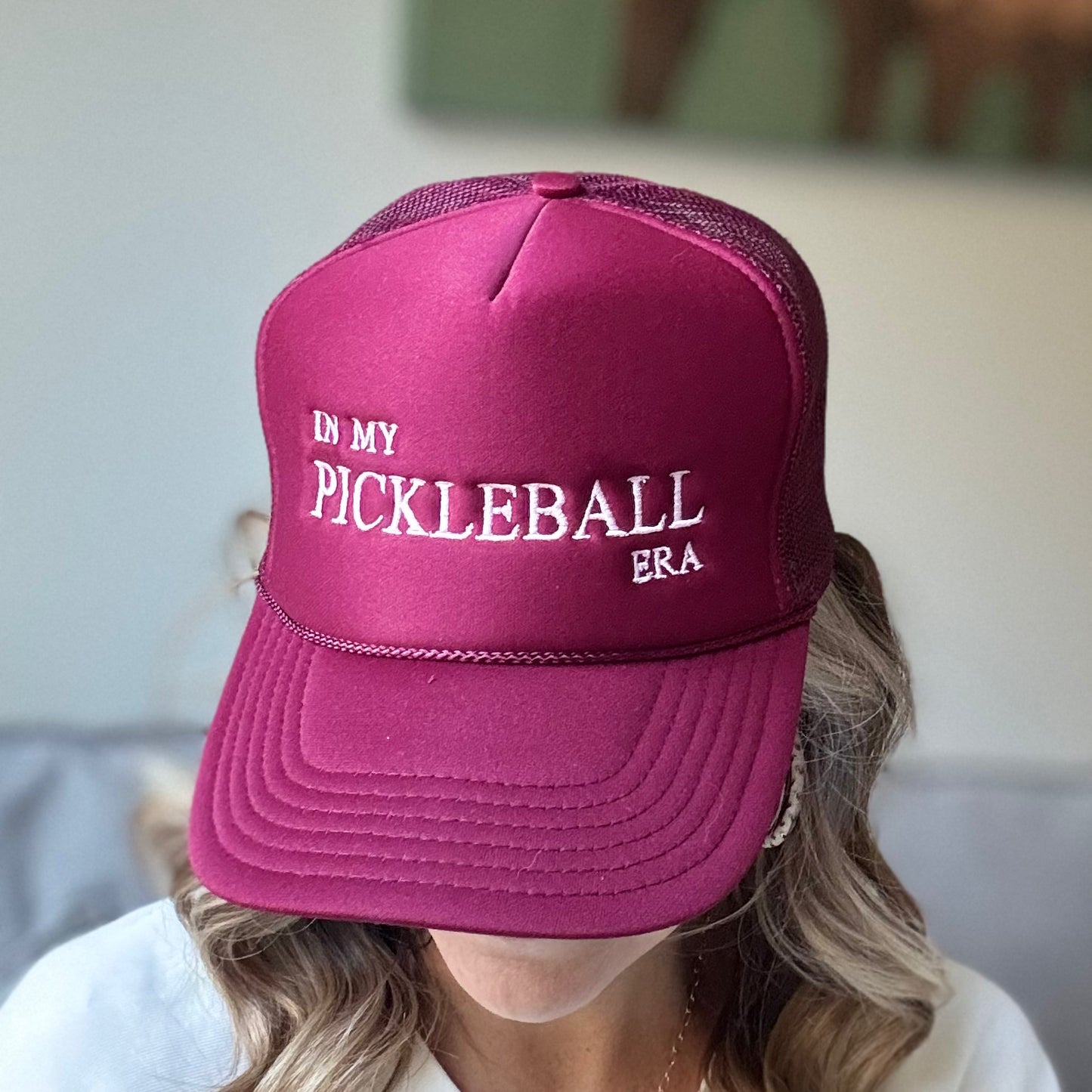 Burgandy in my pickleball era high profile trucker hat