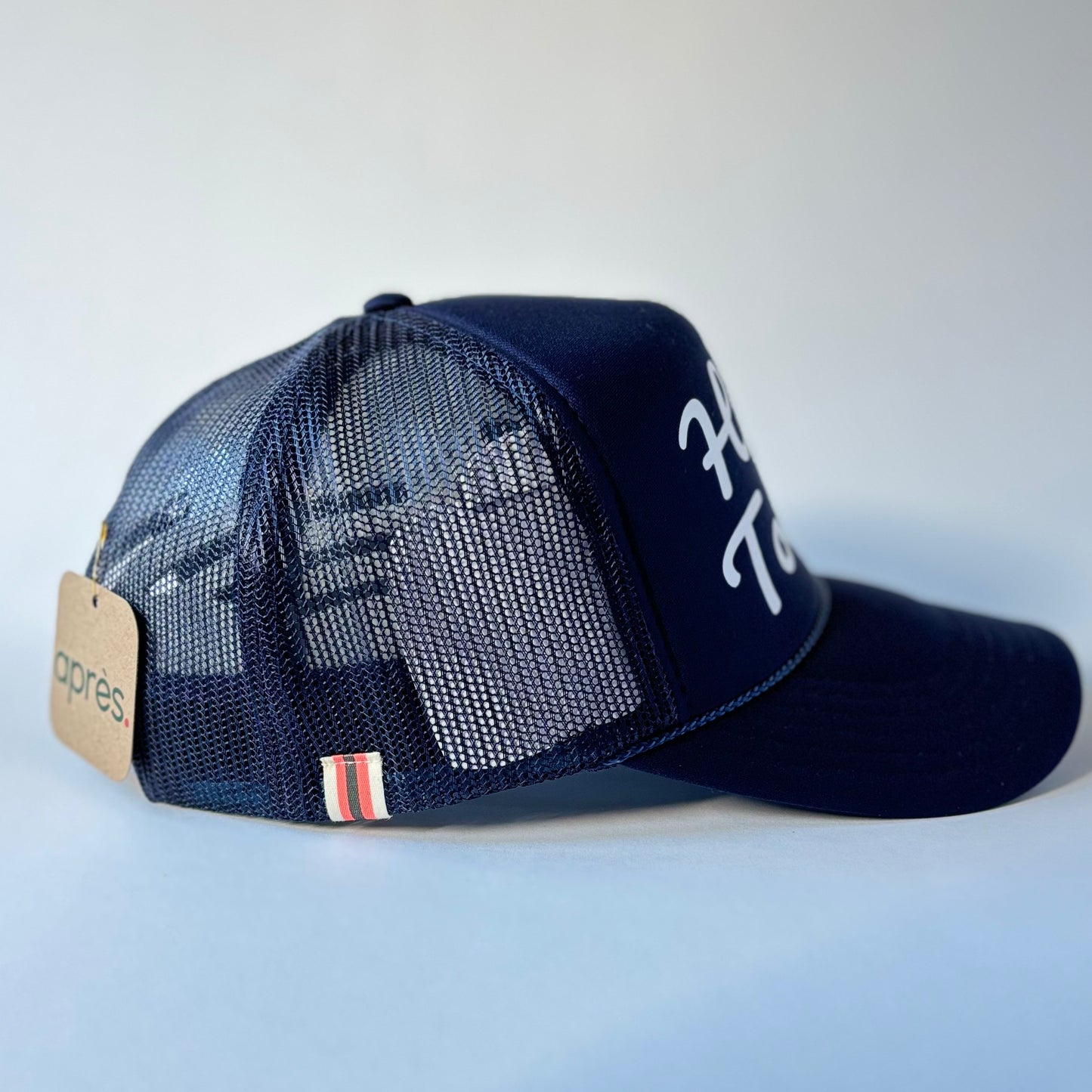 Navy Blue Mid Profile Trucker Hat with Hotty Toddy Ivory Pearl Script Print for Game Day