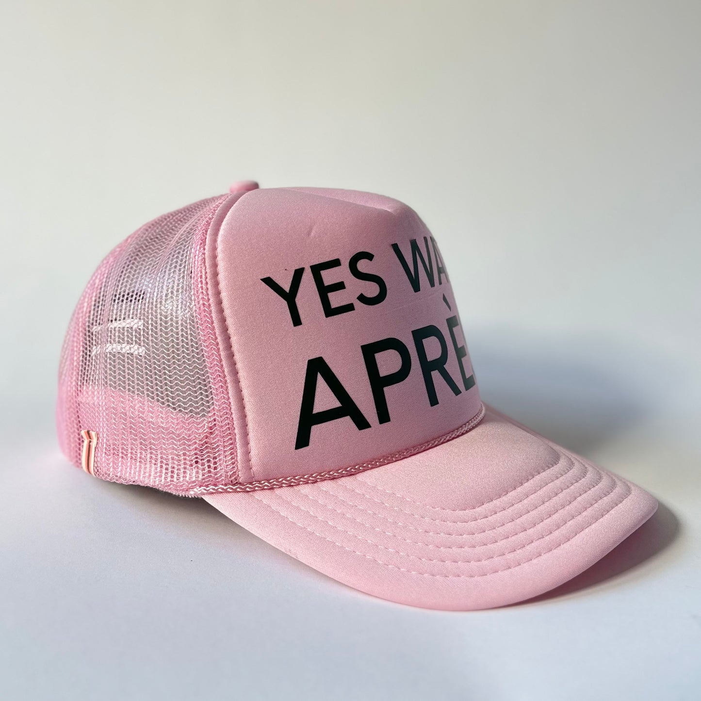 Light Pink High Profile Trucker Hat with dark green yes way apres print