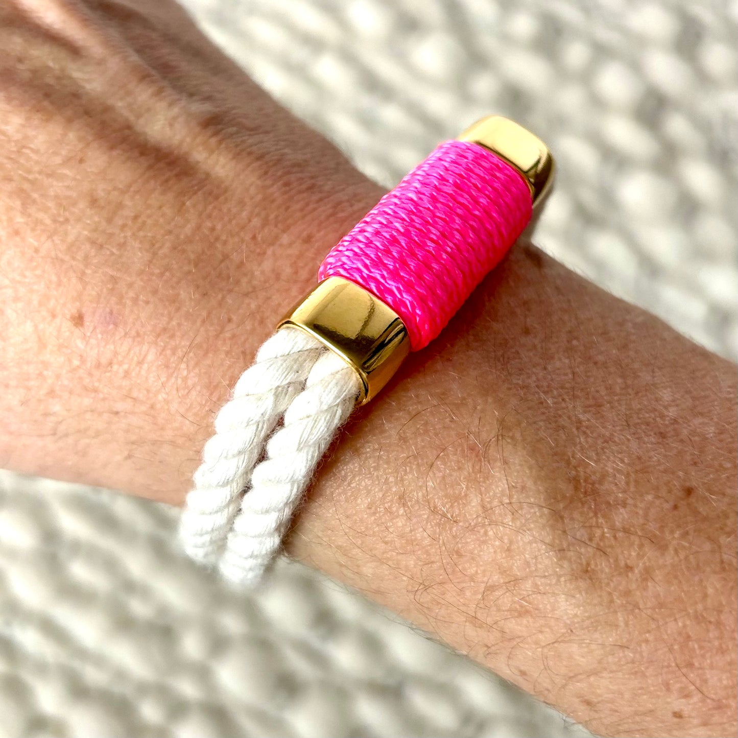 Nautical ivory rope bracelet with neon pink cord and gold hardware
