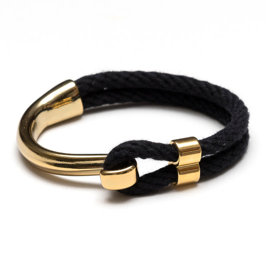Nautical Black rope bracelet with gold hook closure