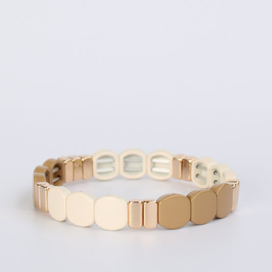 Cream and tan enamel and gold tile stretch bracelet
