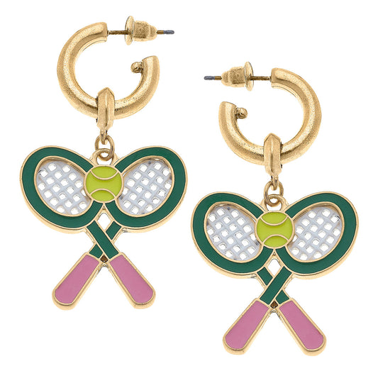 Green and PInk tennis racket and tennis ball earrings on gold hoop