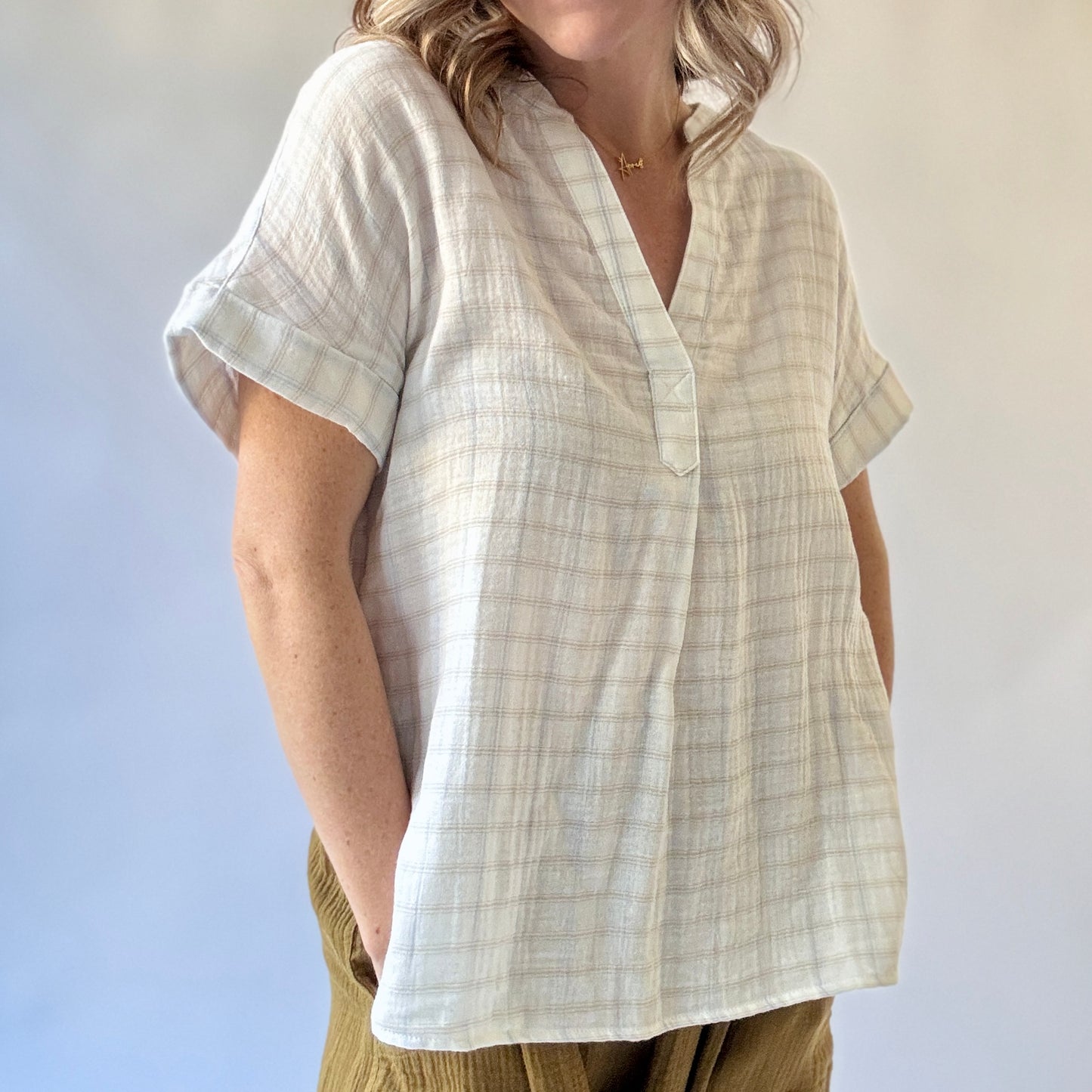 Women's white with blue and tan windowpane easy gauze split neck cuffed short sleeve top blouse