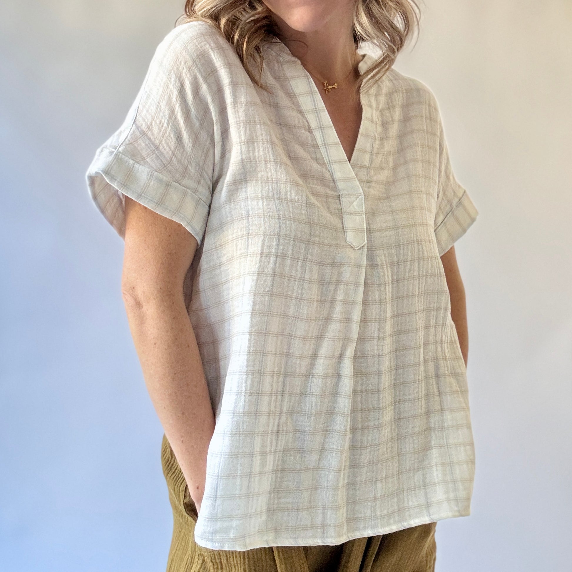 Women's white with blue and tan windowpane easy gauze split neck cuffed short sleeve top blouse