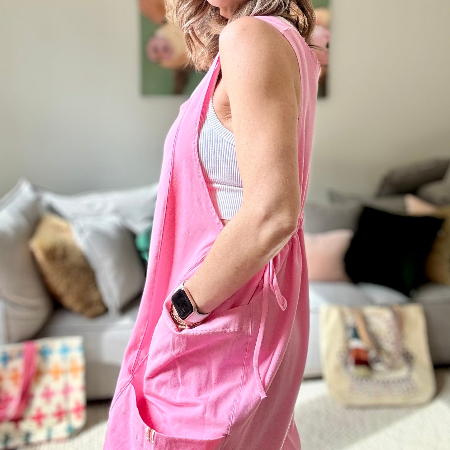 Women's Pink Knit Tank jumpsuit romper with cargo pockets side ties and gathered elastic hem