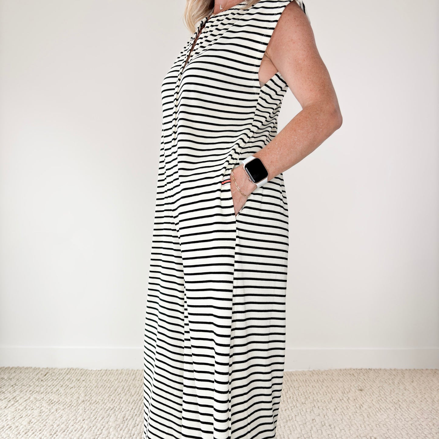 Black and white stripe wide leg button front jumpsuit
