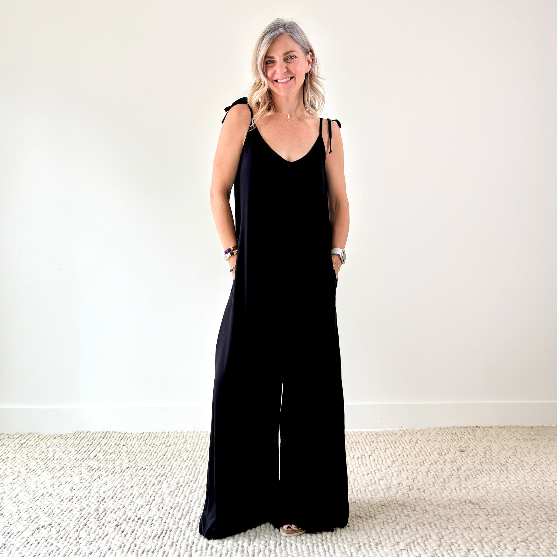 Women's Black stretch knit tie shoulder jumpsuit with pockets