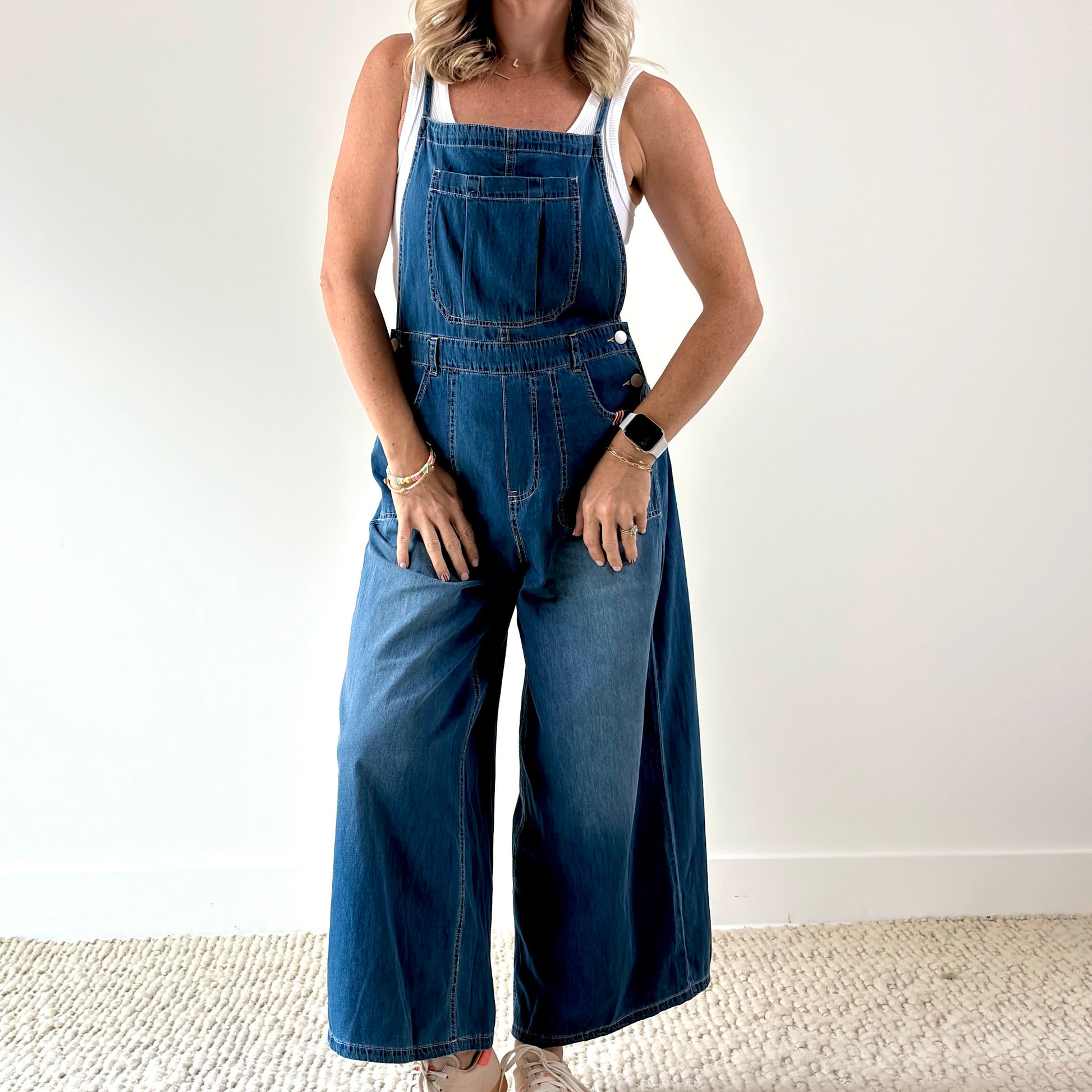 Women's Light Weight Wide Leg Medium Wash Cropped Denim Overall