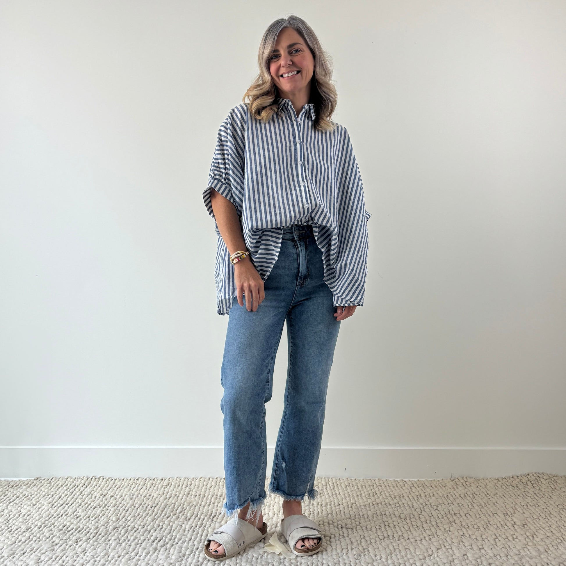 Navy and white stripe oversized button front top