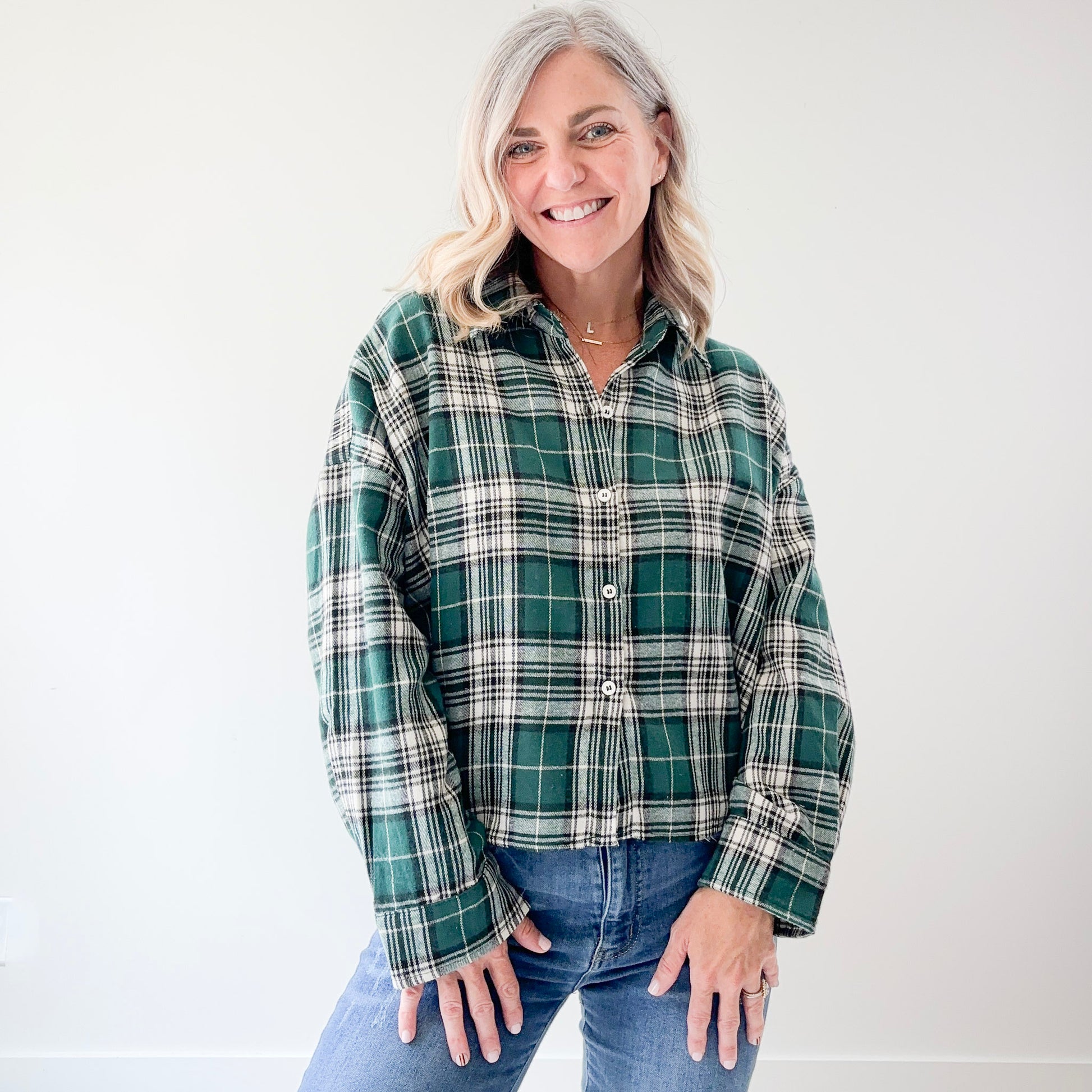 Women's super soft green and ivory plaid flannel high low button front top