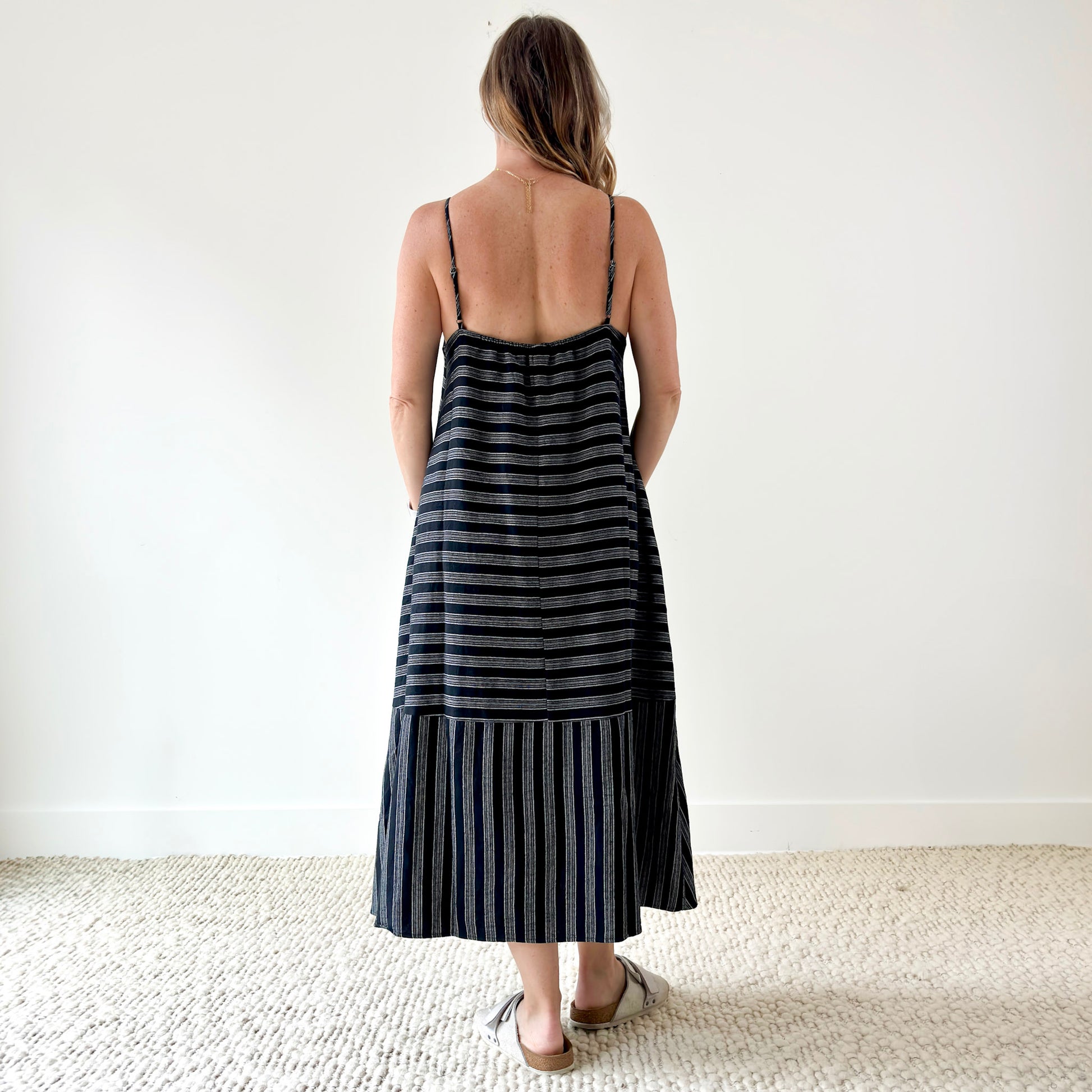 Women's black and white bias stripe tank midi dress