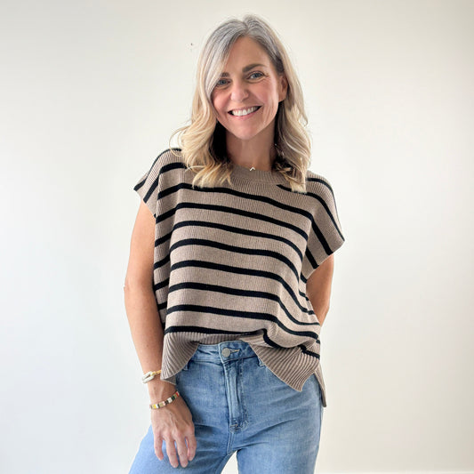 Women's mocha brown with black stripe light weight  short sleeve sweater