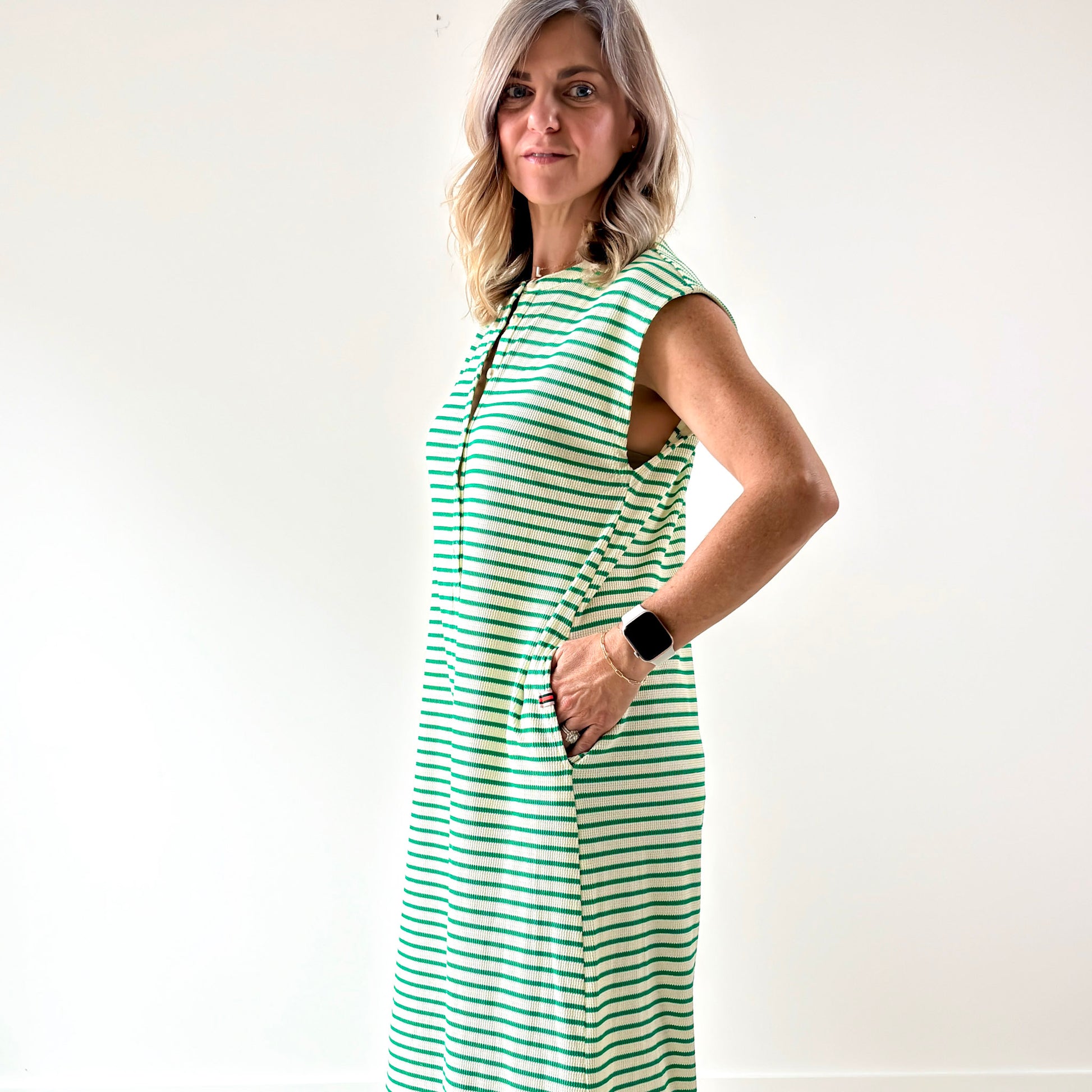 Green and white stripe wide leg button front jumpsuit