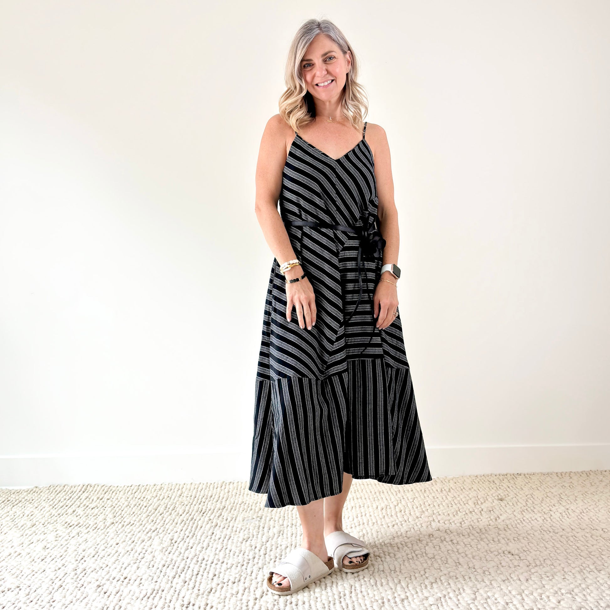 Women's black and white bias stripe tank midi dress