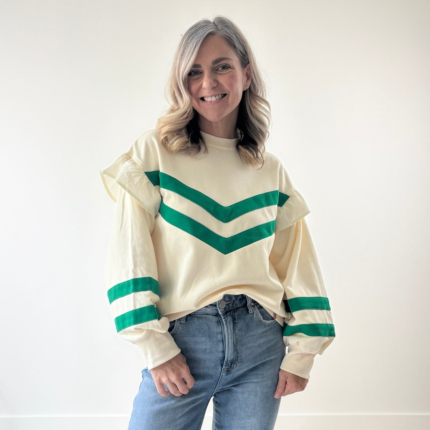 Puff Sleeve Ruffle French Terry Sweatshirt with Pieced Stripes